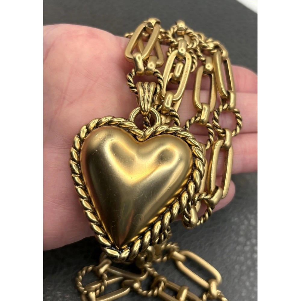 Vintage Runway Style Puffy Heart Necklace Paperclip Link Chain Gold Tone 20"